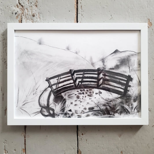 Crossing the Quiet Trickle- original charcoal landscape drawing