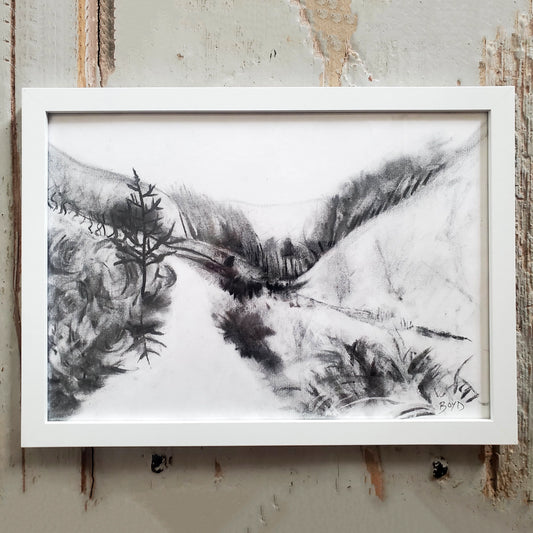 Alone Among the Heather- original charcoal landscape drawing